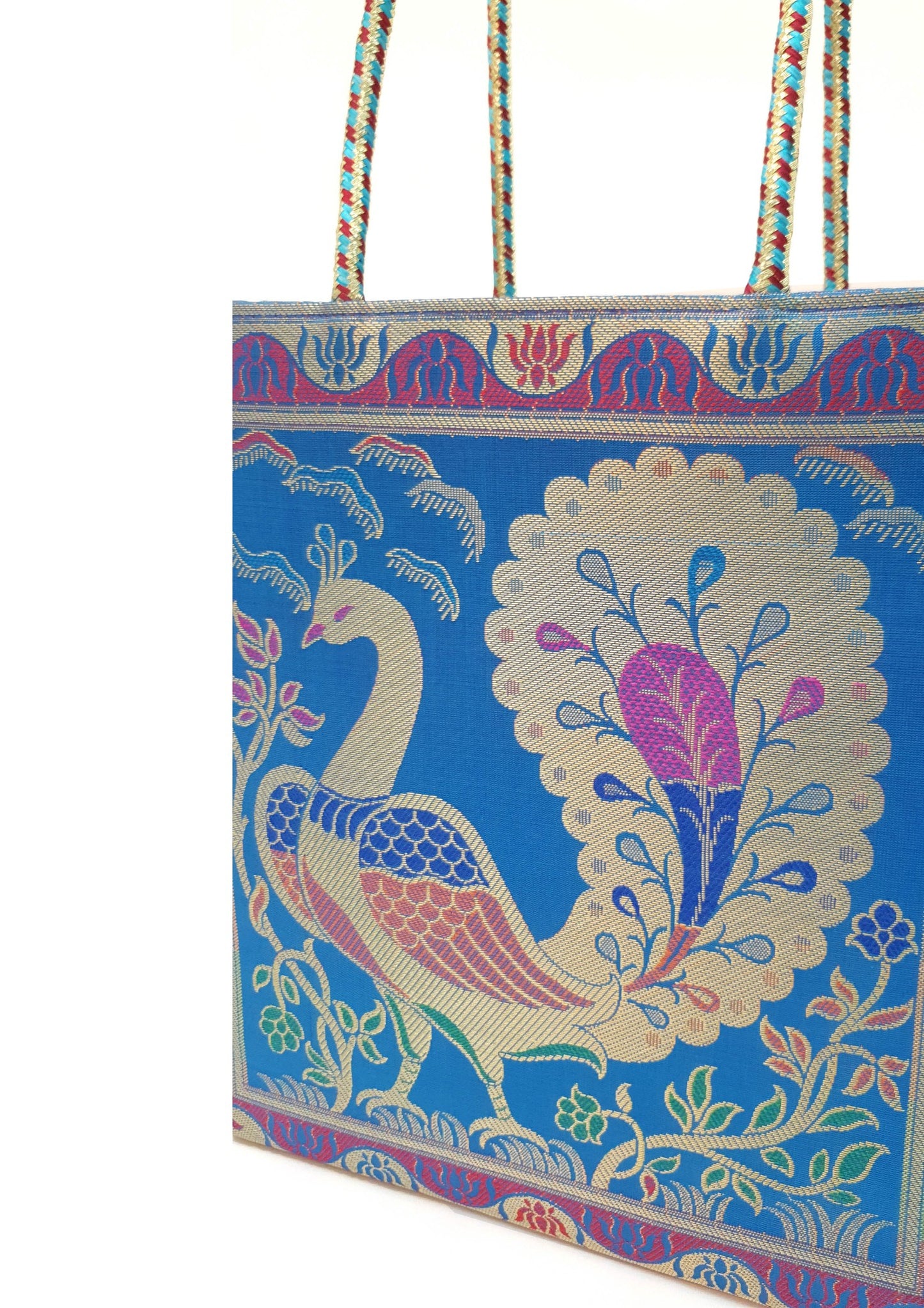 Handbag Indian Ethnic Peacock Woven Zari Brocade Fabric Blue Shoulder Hand Bag