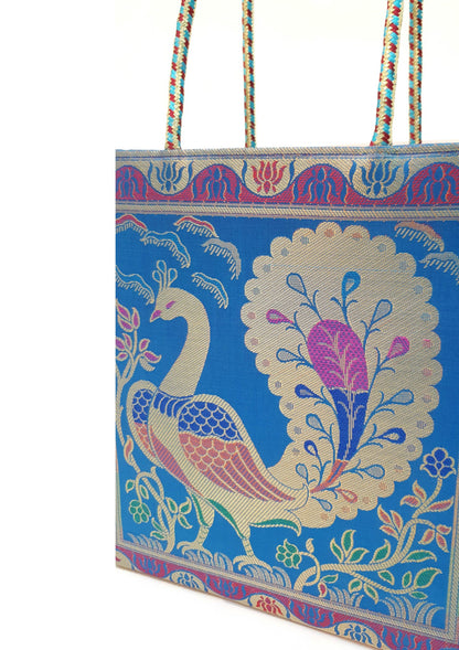 Handbag Indian Ethnic Peacock Woven Zari Brocade Fabric Blue Shoulder Hand Bag