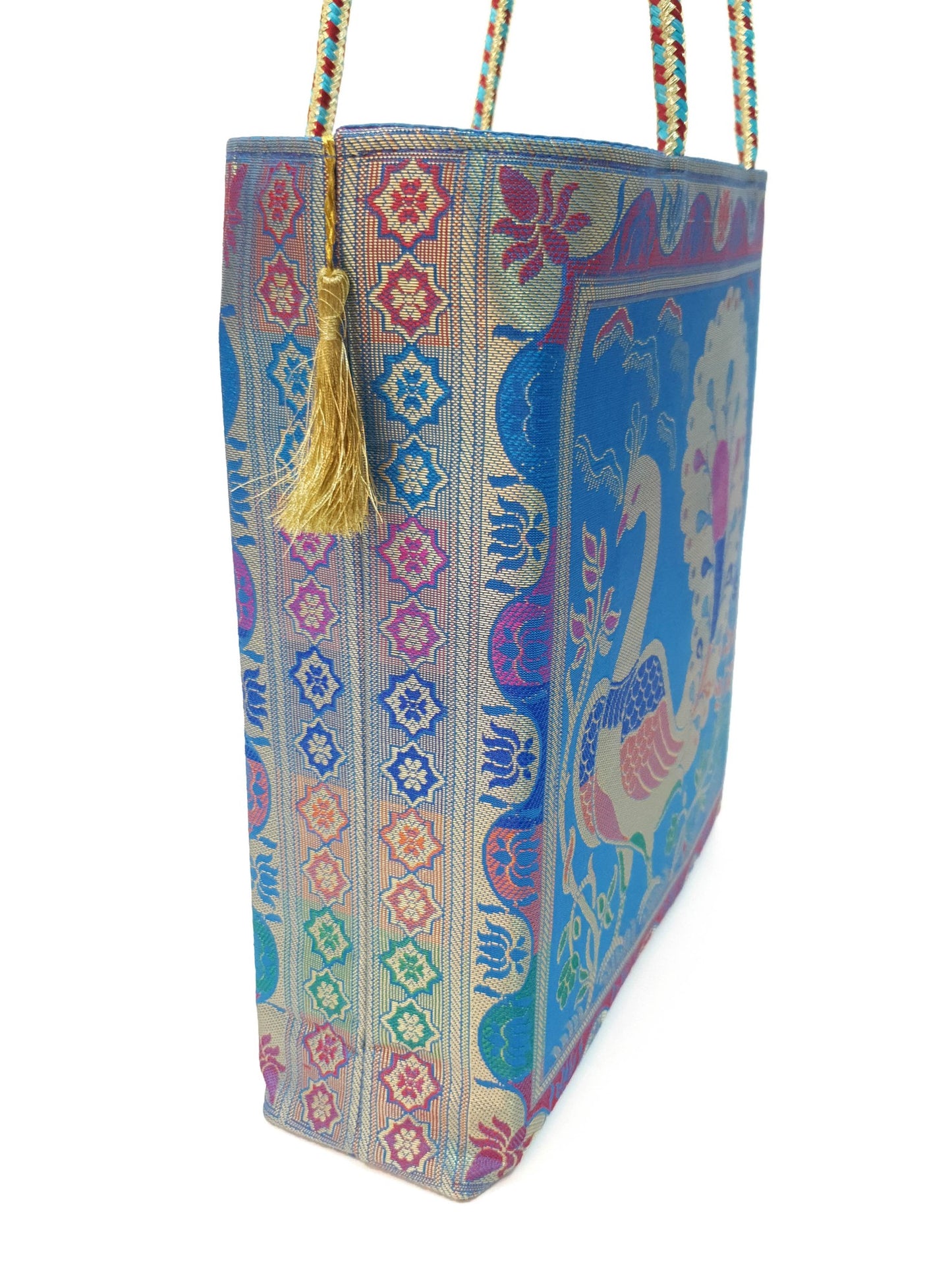 Handbag Indian Ethnic Peacock Woven Zari Brocade Fabric Blue Shoulder Hand Bag