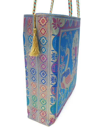 Handbag Indian Ethnic Peacock Woven Zari Brocade Fabric Blue Shoulder Hand Bag