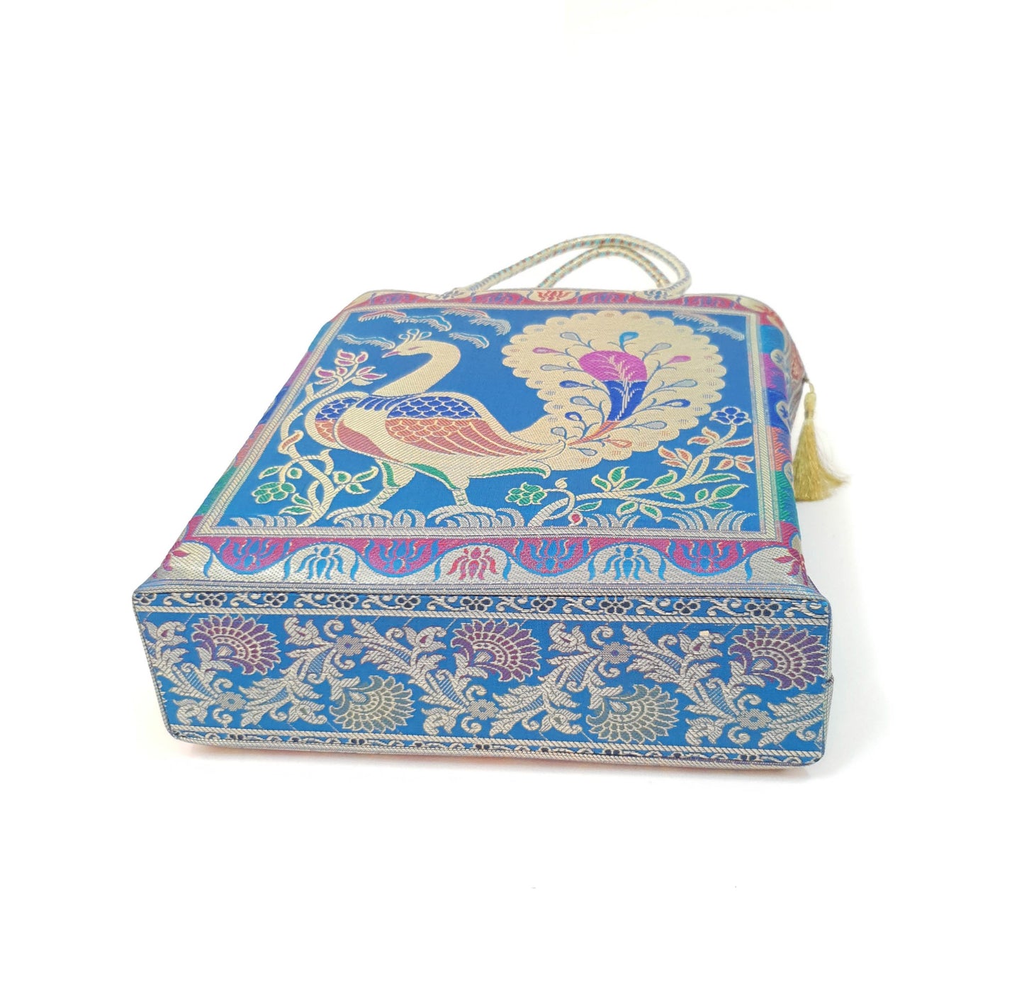 Handbag Indian Ethnic Peacock Woven Zari Brocade Fabric Blue Shoulder Hand Bag