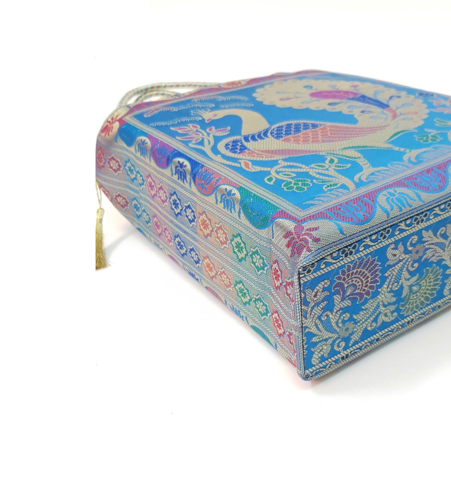 Handbag Indian Ethnic Peacock Woven Zari Brocade Fabric Blue Shoulder Hand Bag
