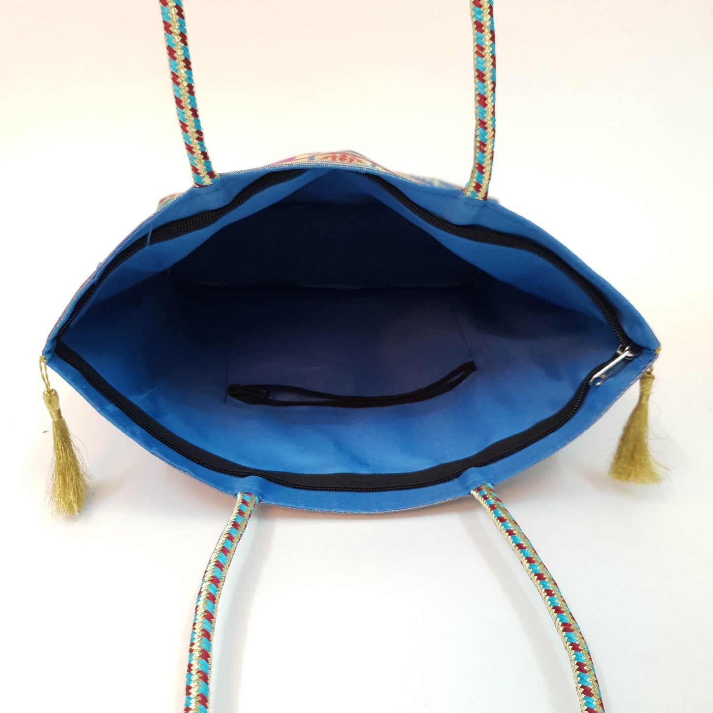 Handbag Indian Ethnic Peacock Woven Zari Brocade Fabric Blue Shoulder Hand Bag