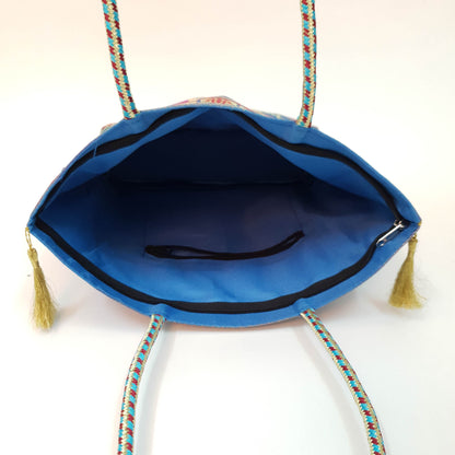 Handbag Indian Ethnic Peacock Woven Zari Brocade Fabric Blue Shoulder Hand Bag