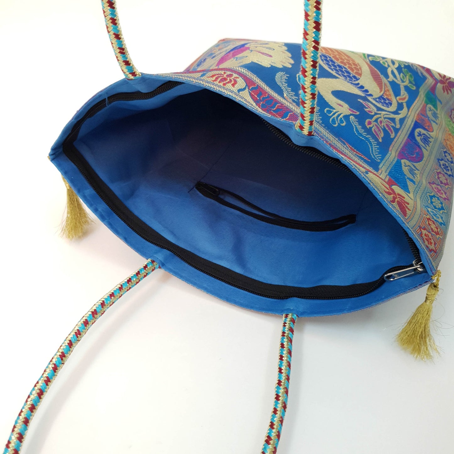 Handbag Indian Ethnic Peacock Woven Zari Brocade Fabric Blue Shoulder Hand Bag