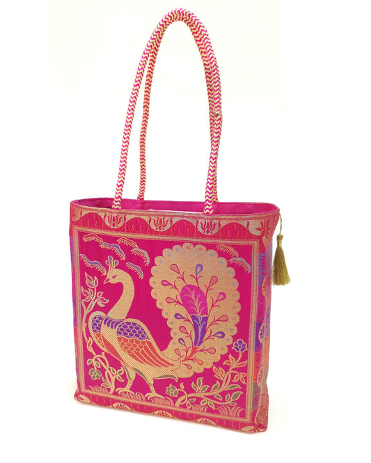 Pink Handbag Indian Ethnic Woven Zari Brocade Fabric Peacock Shoulder Hand Bag
