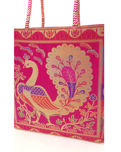 Pink Handbag Indian Ethnic Woven Zari Brocade Fabric Peacock Shoulder Hand Bag