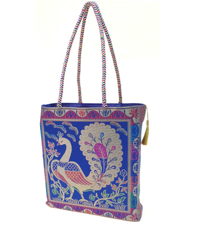 Blue Handbag Indian Ethnic Peacock Woven Zari Brocade Fabric Shoulder Hand Bag