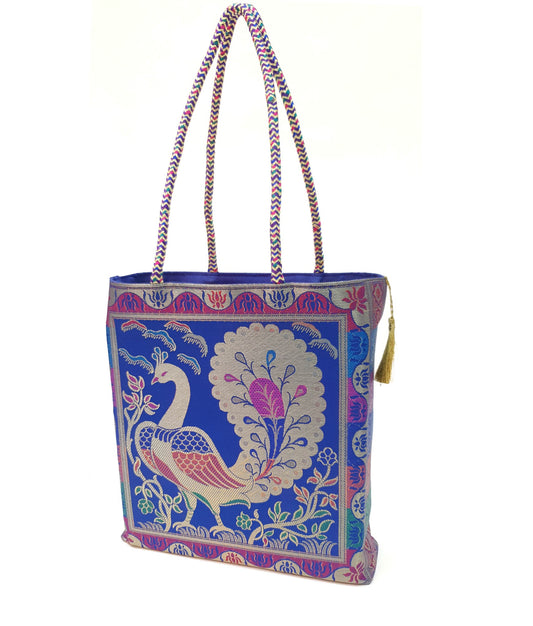 Blue Handbag Indian Ethnic Peacock Woven Zari Brocade Fabric Shoulder Hand Bag