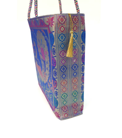 Blue Handbag Indian Ethnic Peacock Woven Zari Brocade Fabric Shoulder Hand Bag