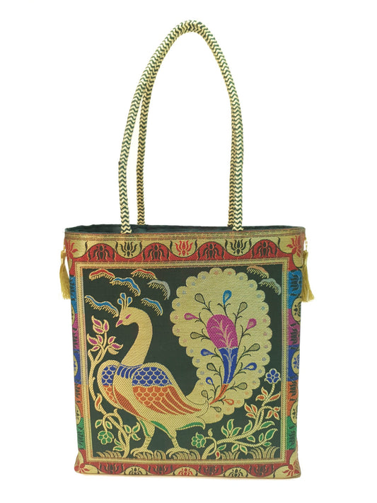 Bottle Green Handbag Ethnic Peacock Woven Zari Brocade Fabric Shoulder Hand Bag