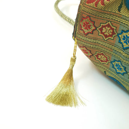 Bottle Green Handbag Ethnic Peacock Woven Zari Brocade Fabric Shoulder Hand Bag