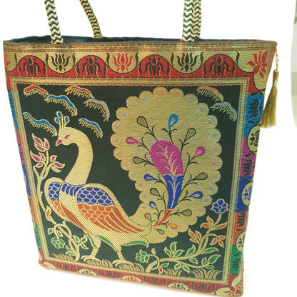 Bottle Green Handbag Ethnic Peacock Woven Zari Brocade Fabric Shoulder Hand Bag