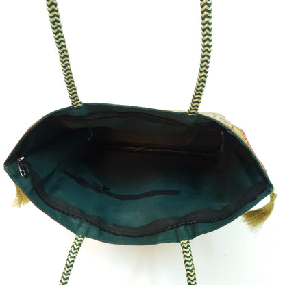 Bottle Green Handbag Ethnic Peacock Woven Zari Brocade Fabric Shoulder Hand Bag