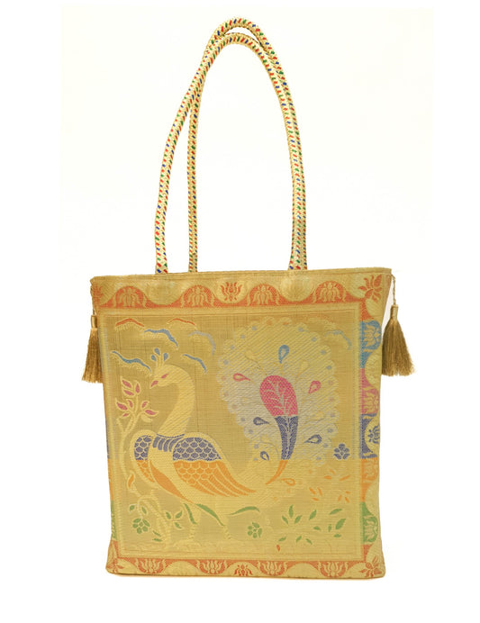 Ethnic Beige Handbag Peacock Woven Zari Brocade Fabric Traditional Shoulder Bag