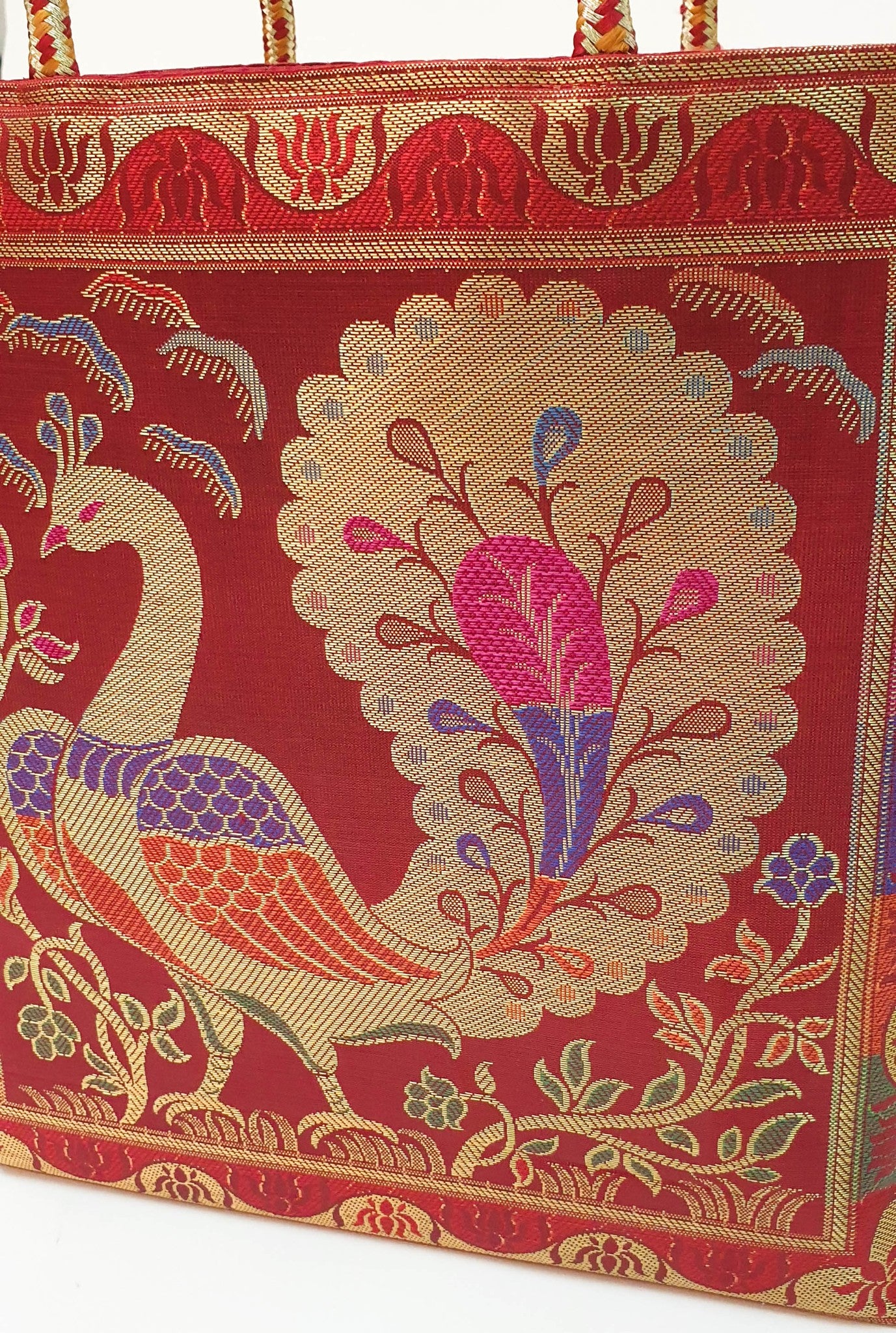 Ethnic Maroon Handbag Peacock Woven Zari Brocade Fabric Wedding Shoulder Bag