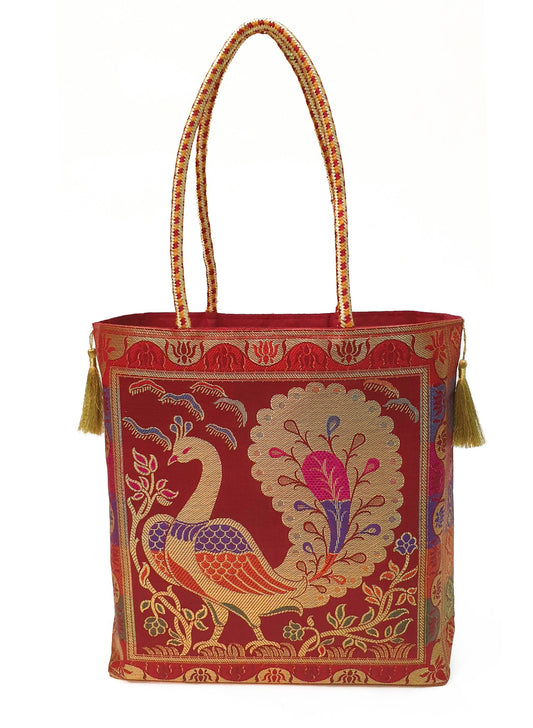 Ethnic Maroon Handbag Peacock Woven Zari Brocade Fabric Wedding Shoulder Bag