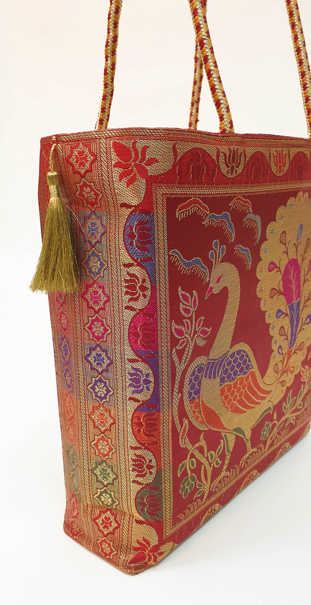 Ethnic Maroon Handbag Peacock Woven Zari Brocade Fabric Wedding Shoulder Bag