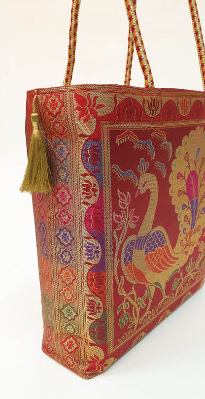 Ethnic Maroon Handbag Peacock Woven Zari Brocade Fabric Wedding Shoulder Bag