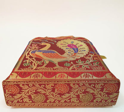 Ethnic Maroon Handbag Peacock Woven Zari Brocade Fabric Wedding Shoulder Bag
