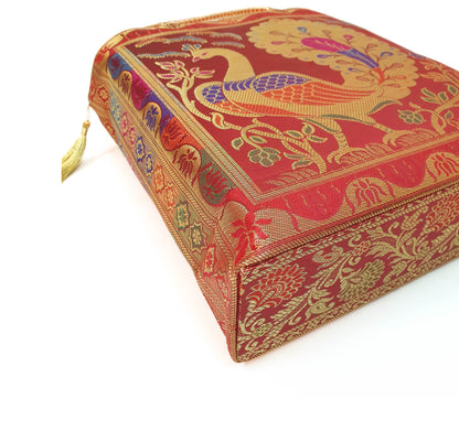 Ethnic Maroon Handbag Peacock Woven Zari Brocade Fabric Wedding Shoulder Bag