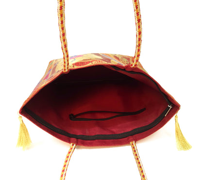 Ethnic Maroon Handbag Peacock Woven Zari Brocade Fabric Wedding Shoulder Bag