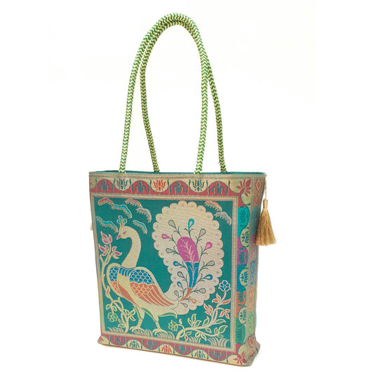 Ethnic Teal Green Handbag Peacock Woven Zari Brocade Fabric Classy Shoulder Bag