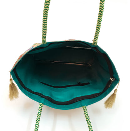 Ethnic Teal Green Handbag Peacock Woven Zari Brocade Fabric Classy Shoulder Bag