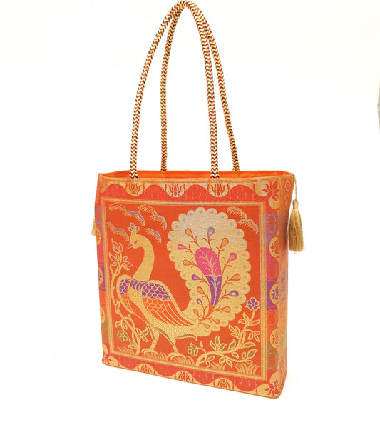 Ethnic Handbag Orange Peacock Woven Zari Brocade Fabric Casual Shoulder Bag