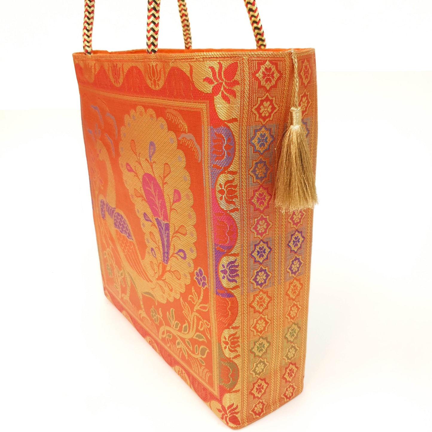 Ethnic Handbag Orange Peacock Woven Zari Brocade Fabric Casual Shoulder Bag