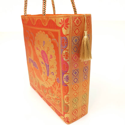 Ethnic Handbag Orange Peacock Woven Zari Brocade Fabric Casual Shoulder Bag