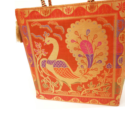 Ethnic Handbag Orange Peacock Woven Zari Brocade Fabric Casual Shoulder Bag