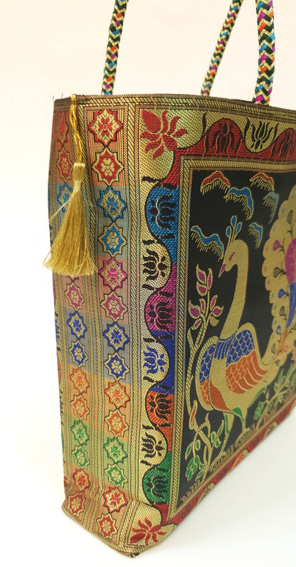 Black Handbag Indian Ethnic Peacock Woven Zari Brocade Fabric Shoulder Hand Bag