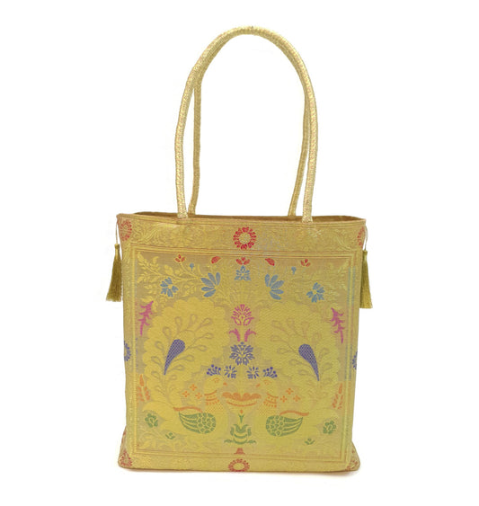Peacock Woven Handbag Indian Ethnic Zari Brocade Women Beige Shoulder Hand Bag