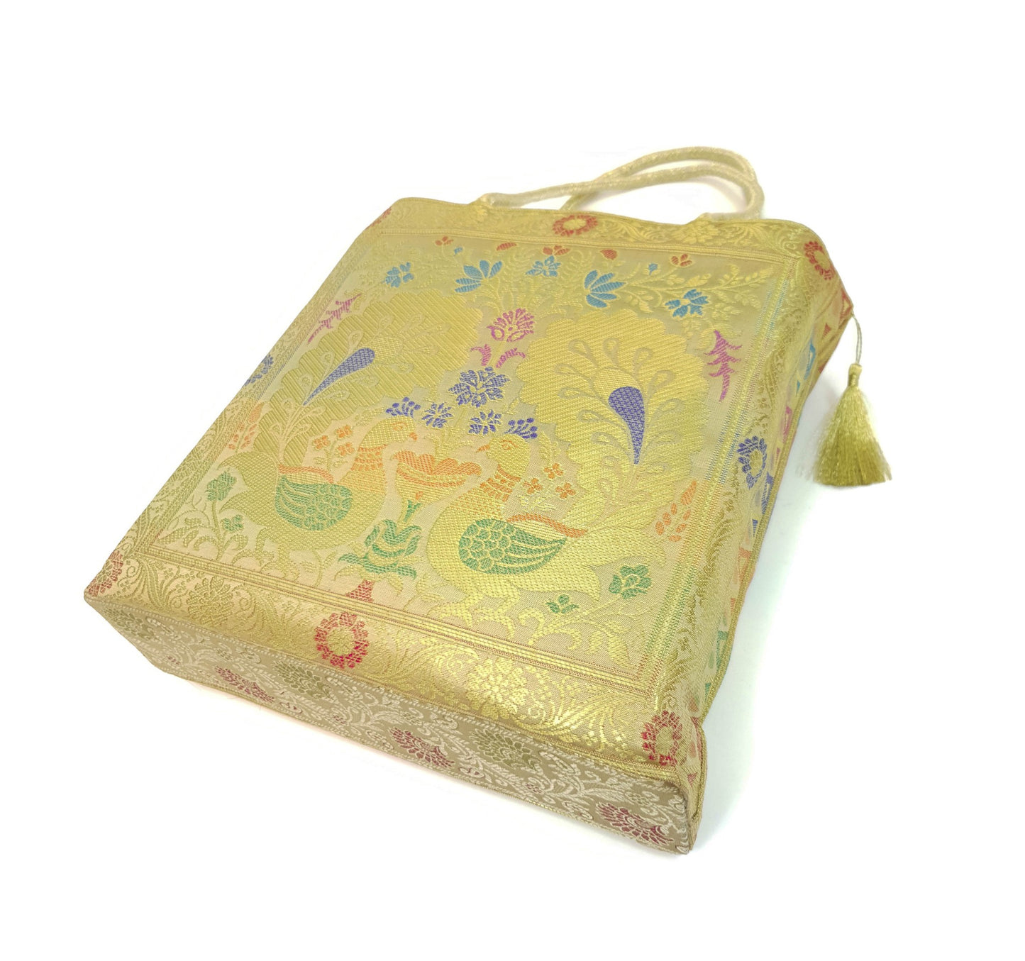 Peacock Woven Handbag Indian Ethnic Zari Brocade Women Beige Shoulder Hand Bag