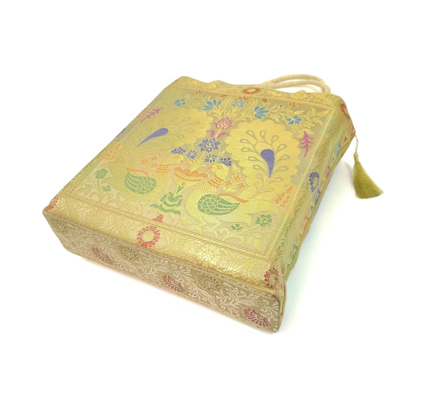Peacock Woven Handbag Indian Ethnic Zari Brocade Women Beige Shoulder Hand Bag