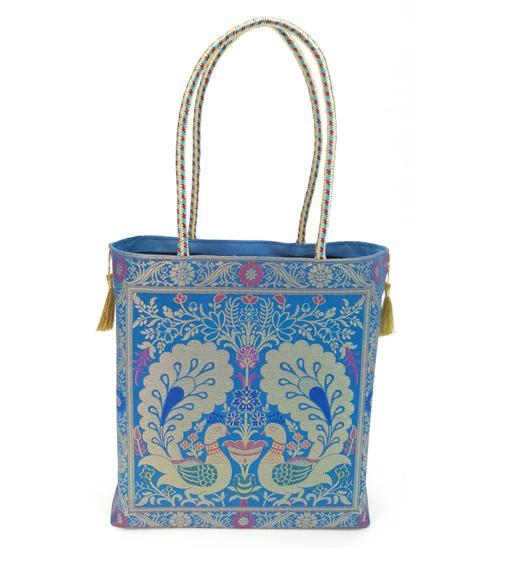 Peacock Woven Blue Handbag Indian Ethnic Zari Brocade Women Shoulder Hand Bag