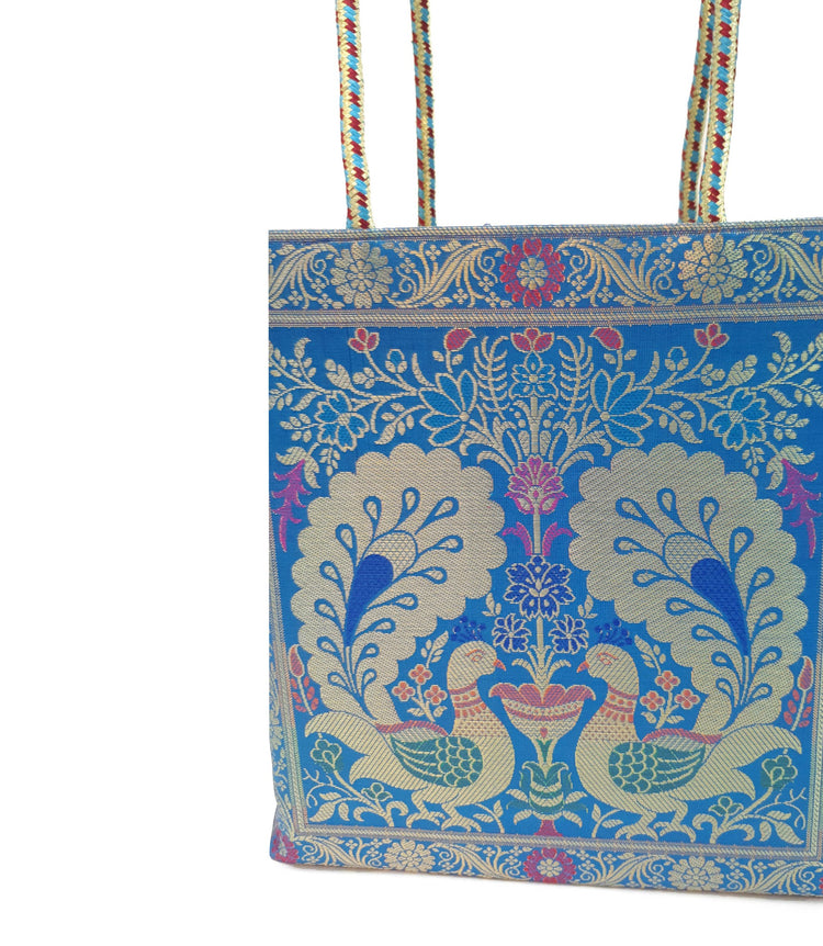 Peacock Woven Blue Handbag Indian Ethnic Zari Brocade Women Shoulder Hand Bag