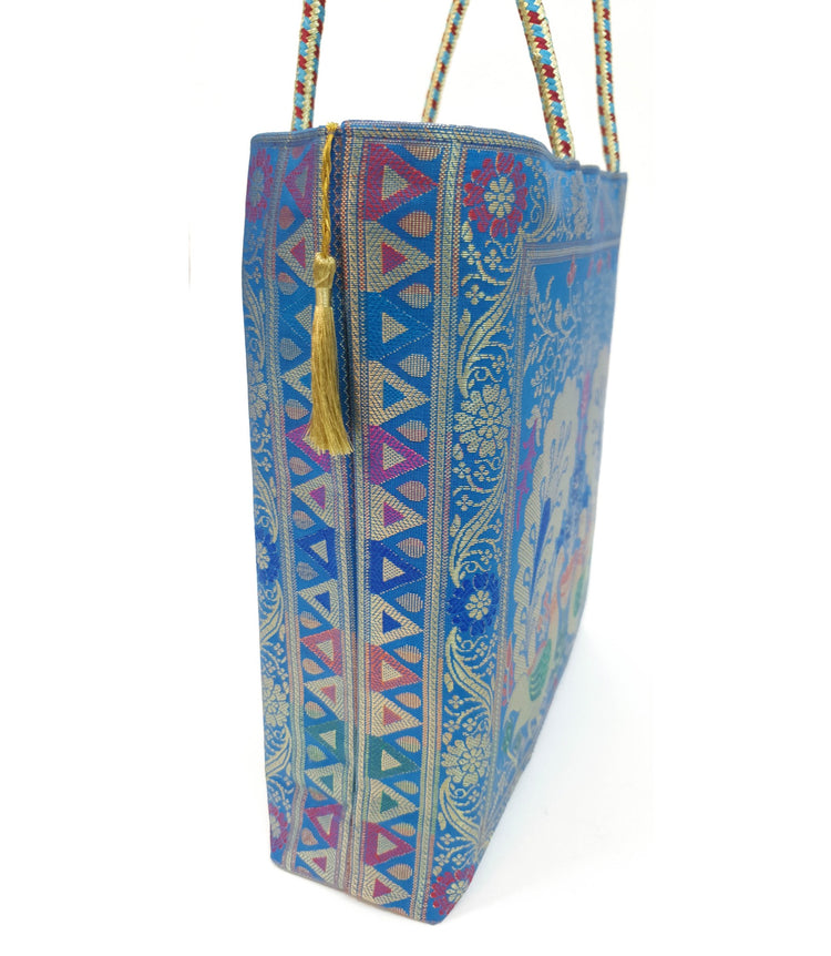 Peacock Woven Blue Handbag Indian Ethnic Zari Brocade Women Shoulder Hand Bag