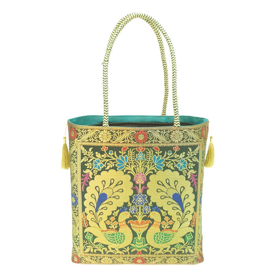 Peacock Woven Handbag Indian Ethnic Zari Brocade Women Dark Green Shoulder Bag