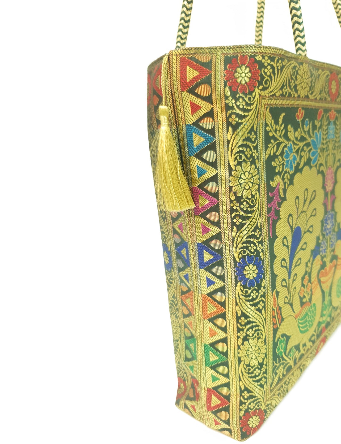 Peacock Woven Handbag Indian Ethnic Zari Brocade Women Dark Green Shoulder Bag