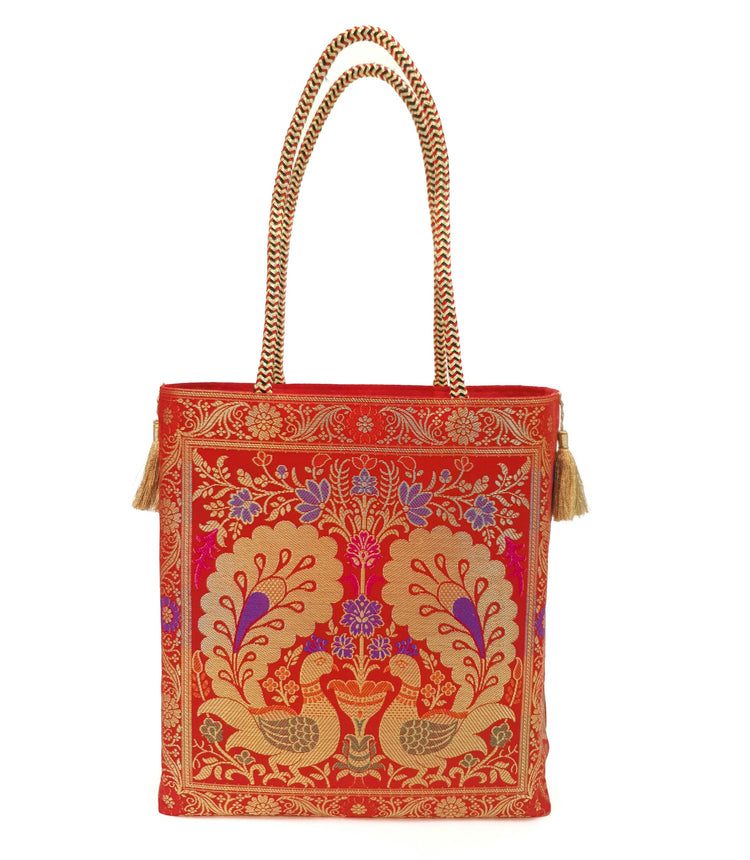 Red Peacock Woven Handbag Indian Ethnic Zari Brocade Women Shoulder Hand Bag