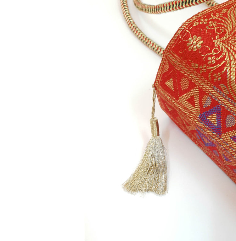 Red Peacock Woven Handbag Indian Ethnic Zari Brocade Women Shoulder Hand Bag