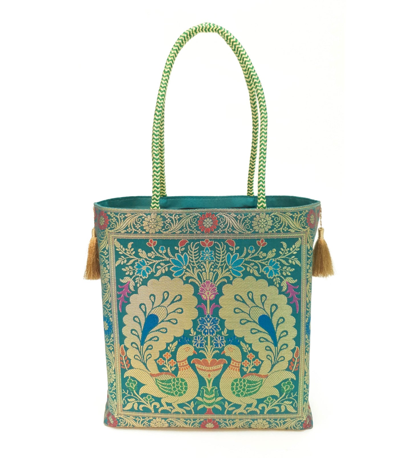 Teal Green Peacock Woven Handbag Indian Ethnic Zari Brocade Women Shoulder Bag