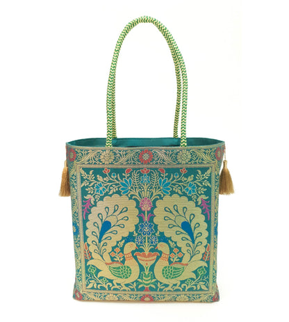 Teal Green Peacock Woven Handbag Indian Ethnic Zari Brocade Women Shoulder Bag