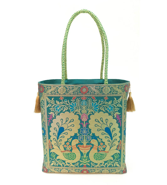 Teal Green Peacock Woven Handbag Indian Ethnic Zari Brocade Women Shoulder Bag