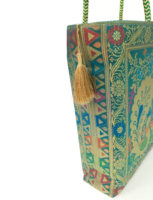 Teal Green Peacock Woven Handbag Indian Ethnic Zari Brocade Women Shoulder Bag