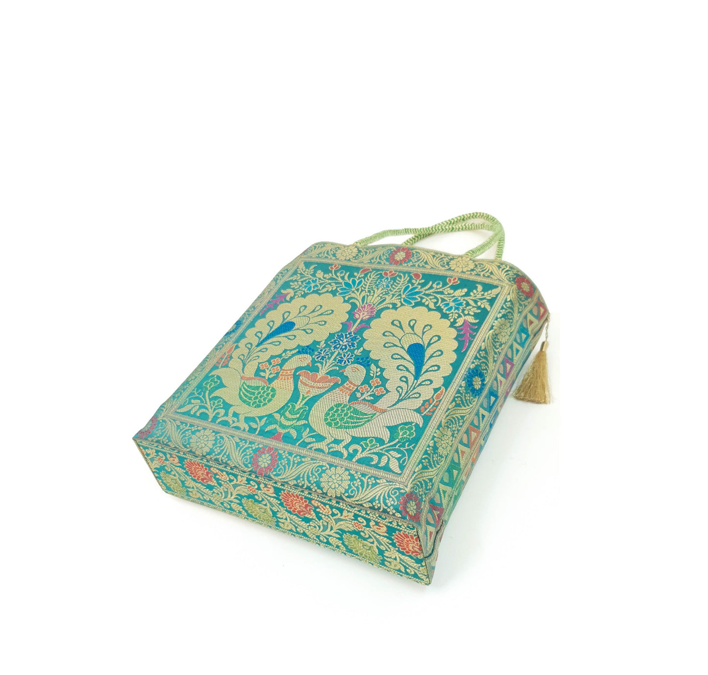 Teal Green Peacock Woven Handbag Indian Ethnic Zari Brocade Women Shoulder Bag