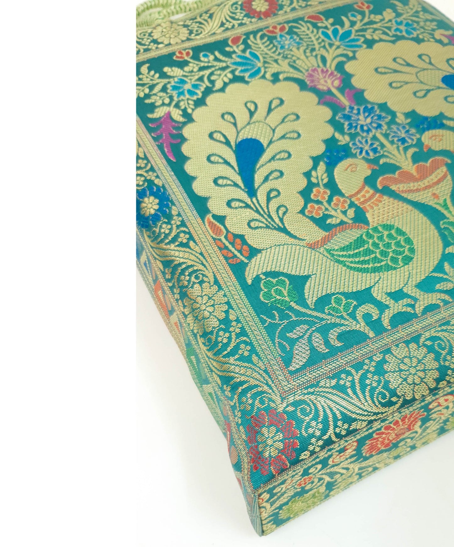Teal Green Peacock Woven Handbag Indian Ethnic Zari Brocade Women Shoulder Bag