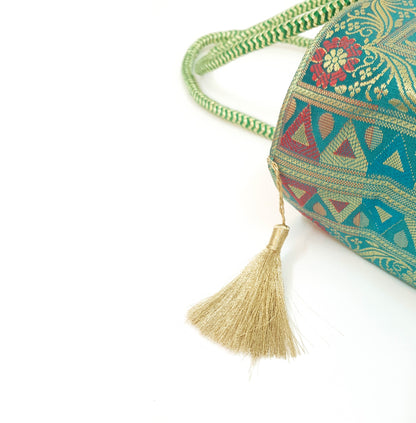 Teal Green Peacock Woven Handbag Indian Ethnic Zari Brocade Women Shoulder Bag